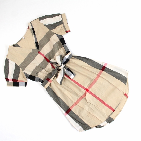 Plaid Belted Shirt Dress Short V-Neck Nude Black - Picture 7 of 8